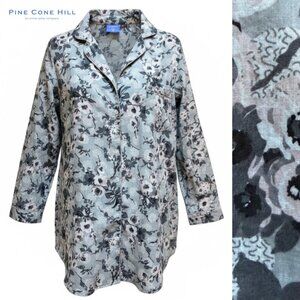 Pine Cone Hill Fine Linens Pajama Top Women's Gray White Flowers Print | Sz XS
